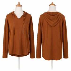 Rust Orange Hooded Long Sleeve Top Size XL Waffle Knit Pocket